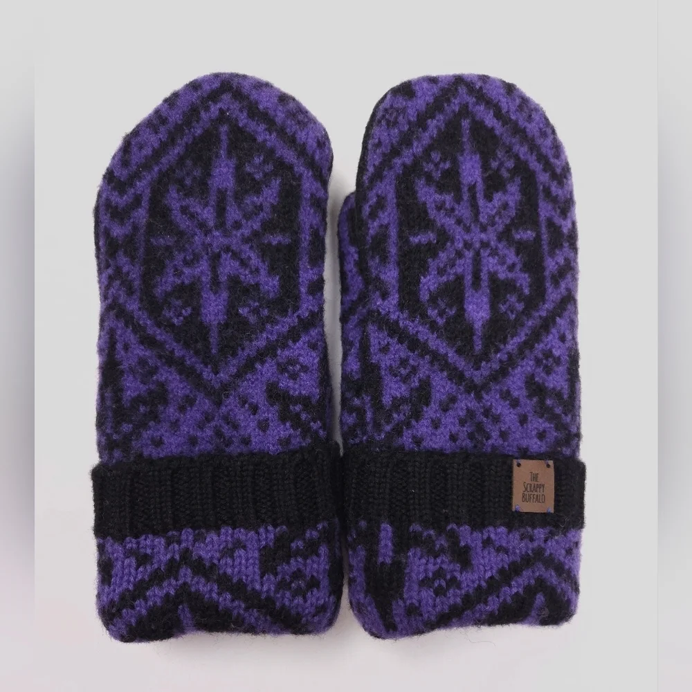 Upcycled Wool Black Purple Sweater Mittens Sherpa Fleece Lined NEW Adult M/L